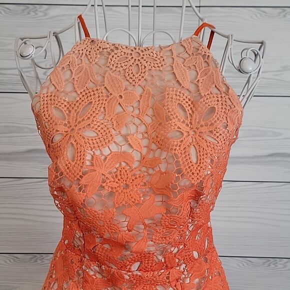 A.Peach crocheted lace halter dress in sunburnt orange Women's Size S - Picture 2 of 12